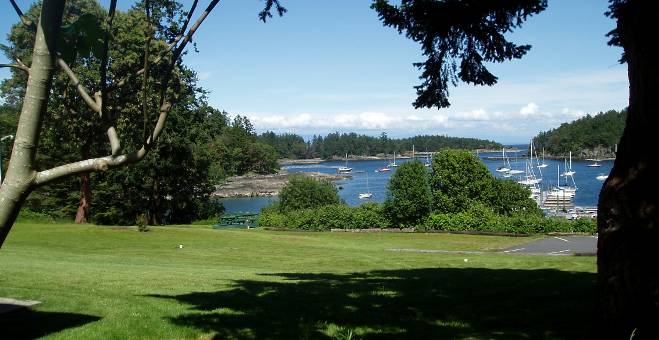 View of islands and mountains from the Inn lawn on a summer day